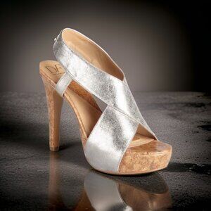 NWOT, DVF Silver Metallic Zia Criss Cross Cork Platform Heels